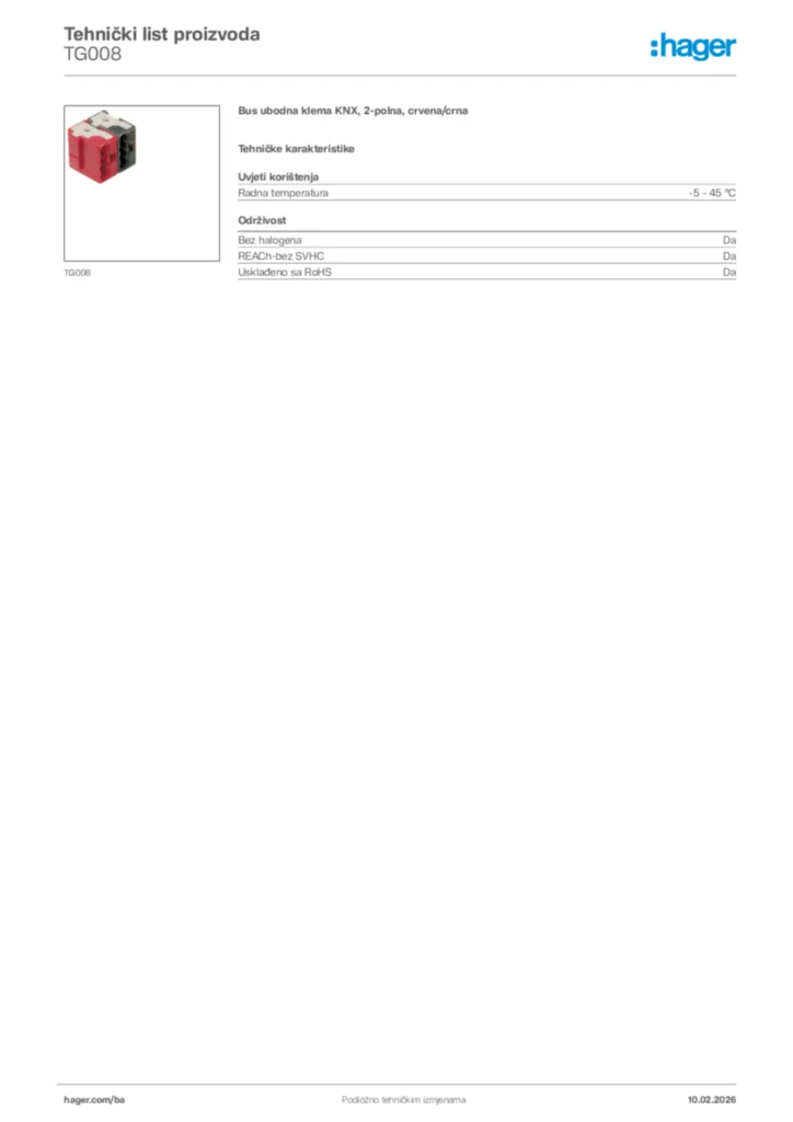 Slika Hager Tehnički list proizvoda TG008  | Hager
