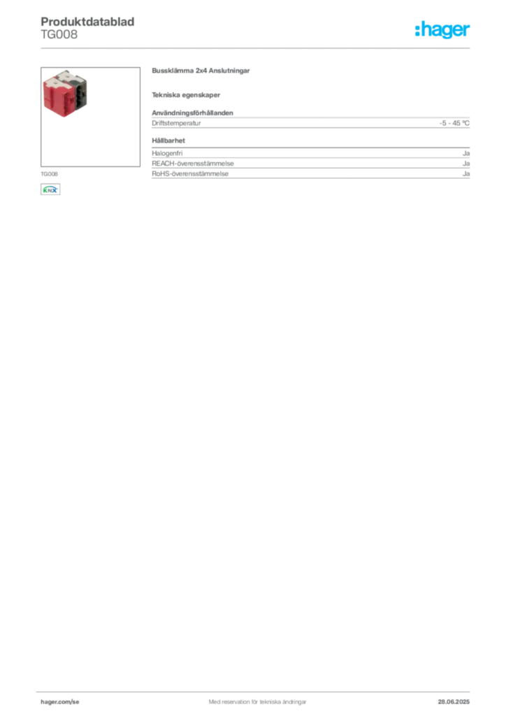 Bild Hager Produktdatablad TG008 | Hager Sverige