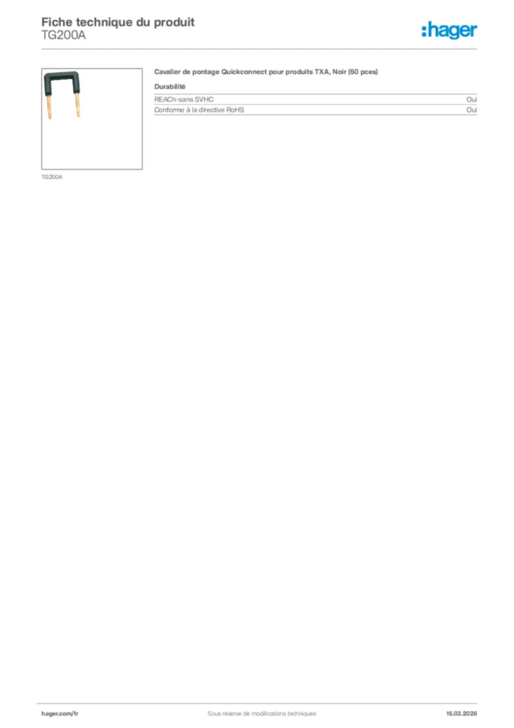 Image Hager Fiche technique du produit TG200A | Hager France
