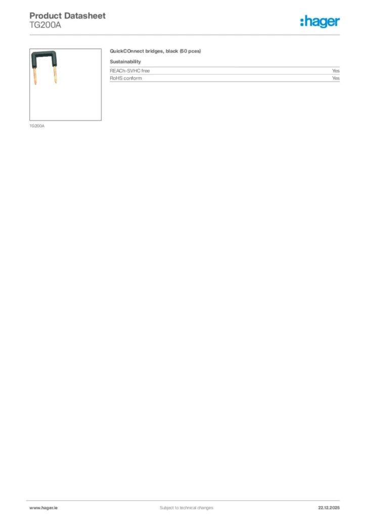 Image Hager Product data sheet TG200A  | Hager
