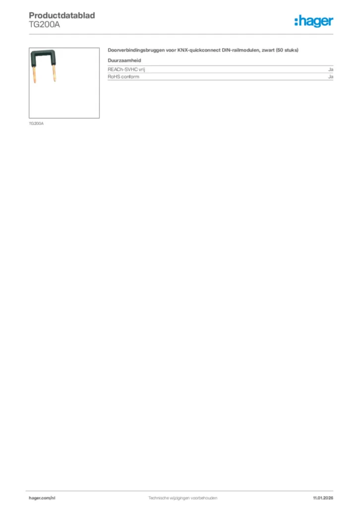 Afbeelding Hager Productdatablad TG200A | Hager Nederland