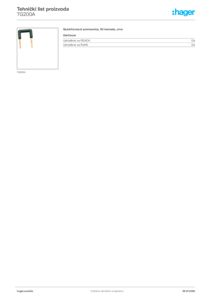 Slika Hager Product data sheet TG200A  | Hager