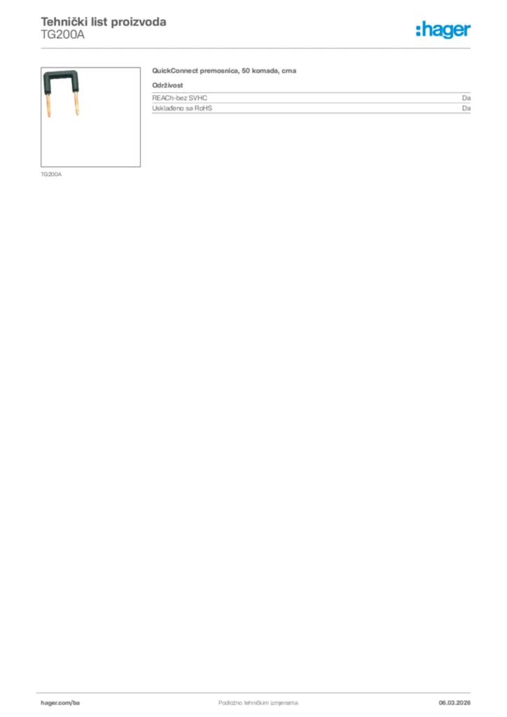 Slika Hager Tehnički list proizvoda TG200A  | Hager