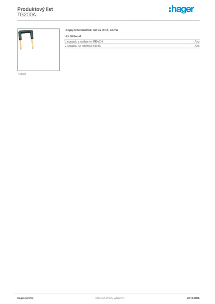 Obrázek Hager Produktový list TG200A | Hager