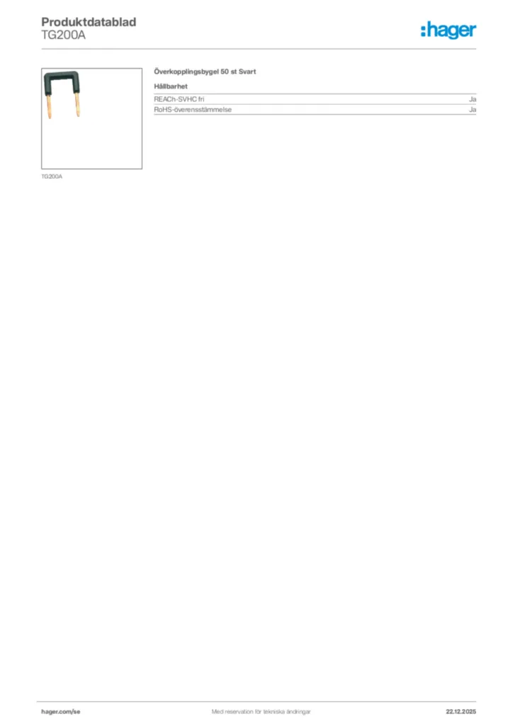 Bild Hager Produktdatablad TG200A | Hager Sverige
