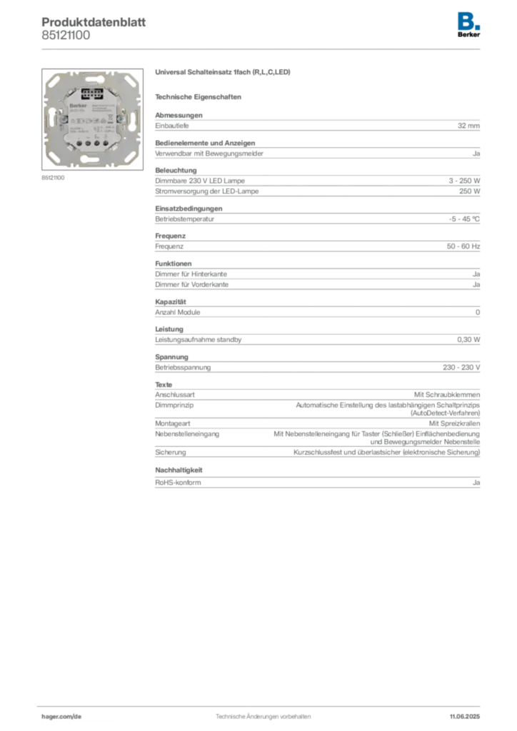 Bild Berker Produktdatenblatt 85121100 | Hager Deutschland