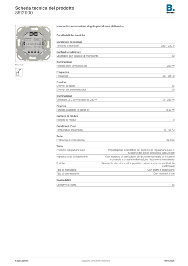 Immagine Berker Scheda tecnica del prodotto 85121100 | Hager Italia