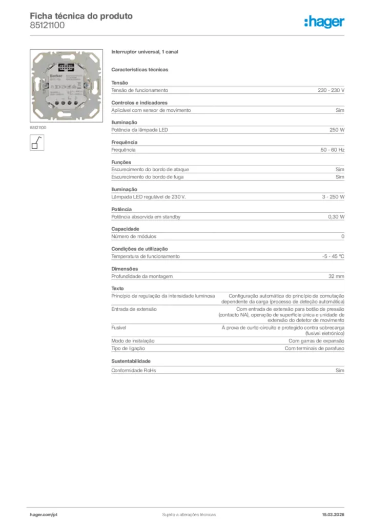 Imagem Hager Ficha técnica do produto 85121100 | Hager Portugal