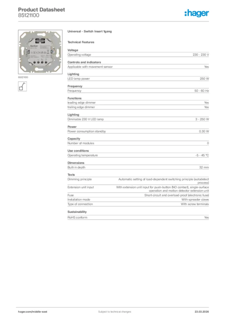 Image Hager Product data sheet 85121100  | Hager
