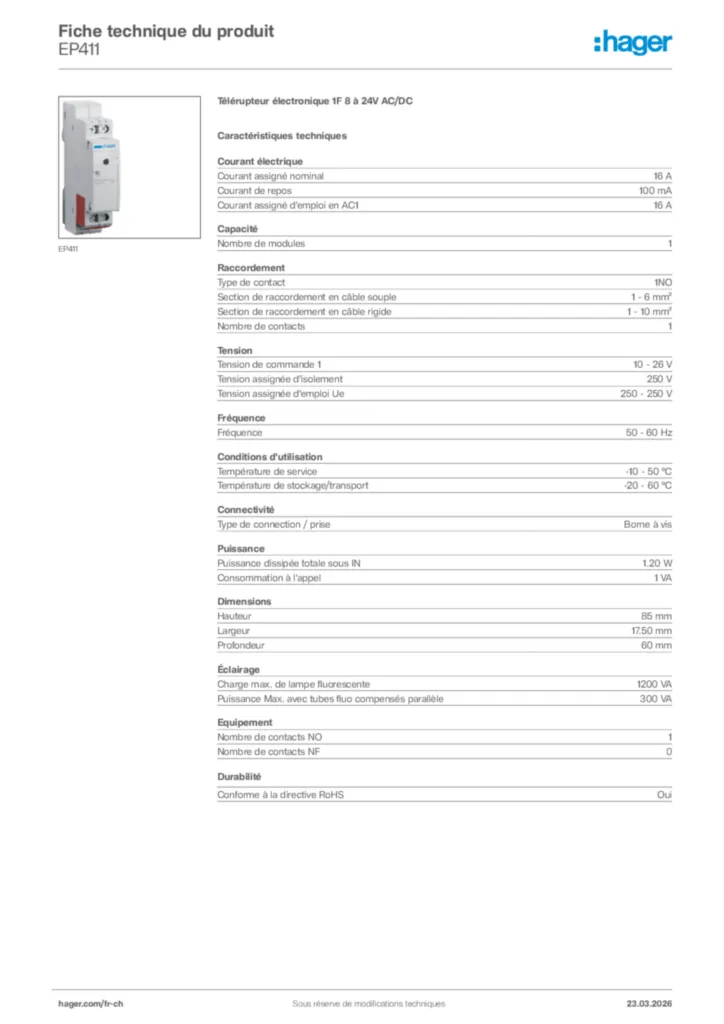 Image Hager Fiche technique du produit EP411 | Hager Suisse