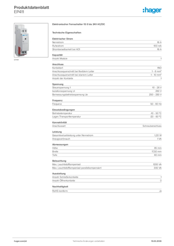 Bild Hager Produktdatenblatt EP411 | Hager Deutschland