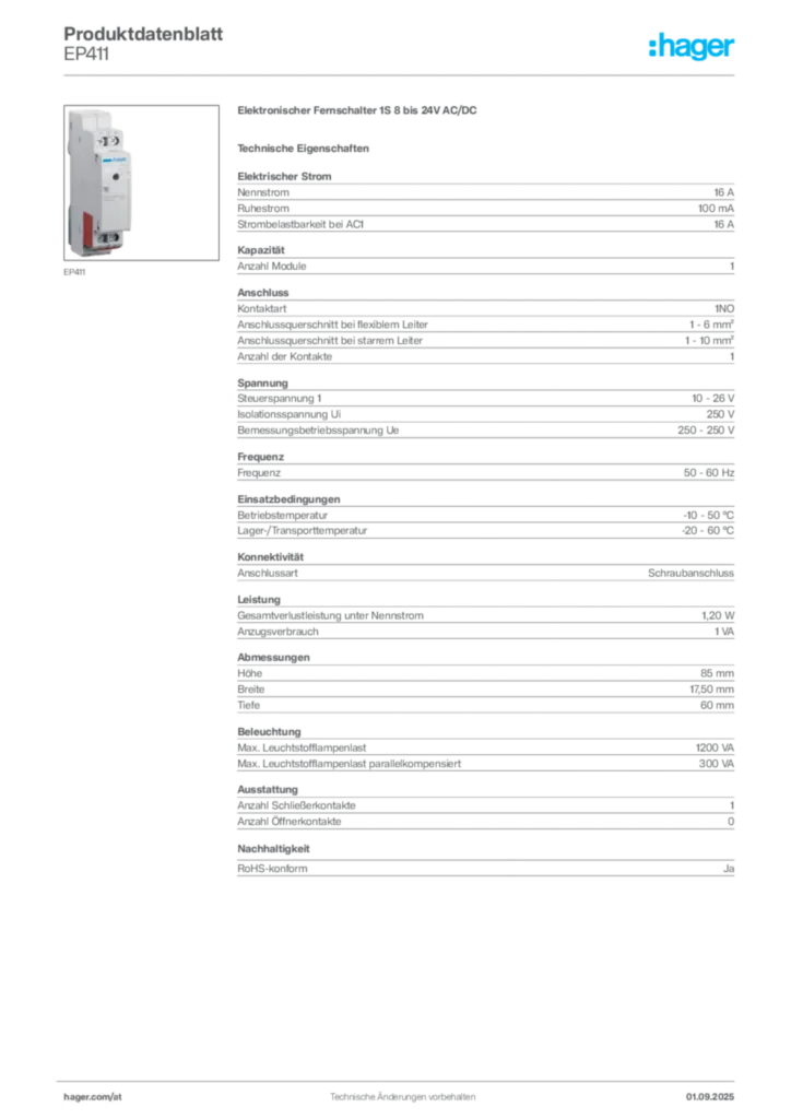 Bild Hager Produktdatenblatt EP411 | Hager Deutschland