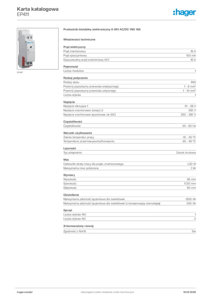 Zdjęcie Hager Karta katalogowa EP411 | Hager Polska