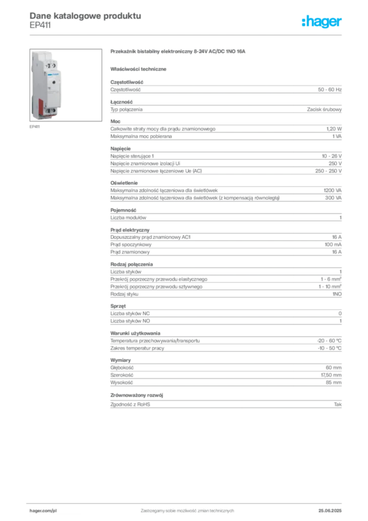 Zdjęcie Hager Dane katalogowe produktu EP411 | Hager Polska