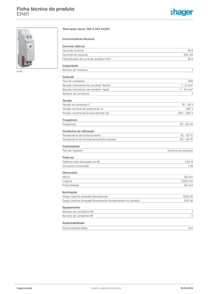 Imagem Hager Ficha técnica do produto EP411 | Hager Portugal