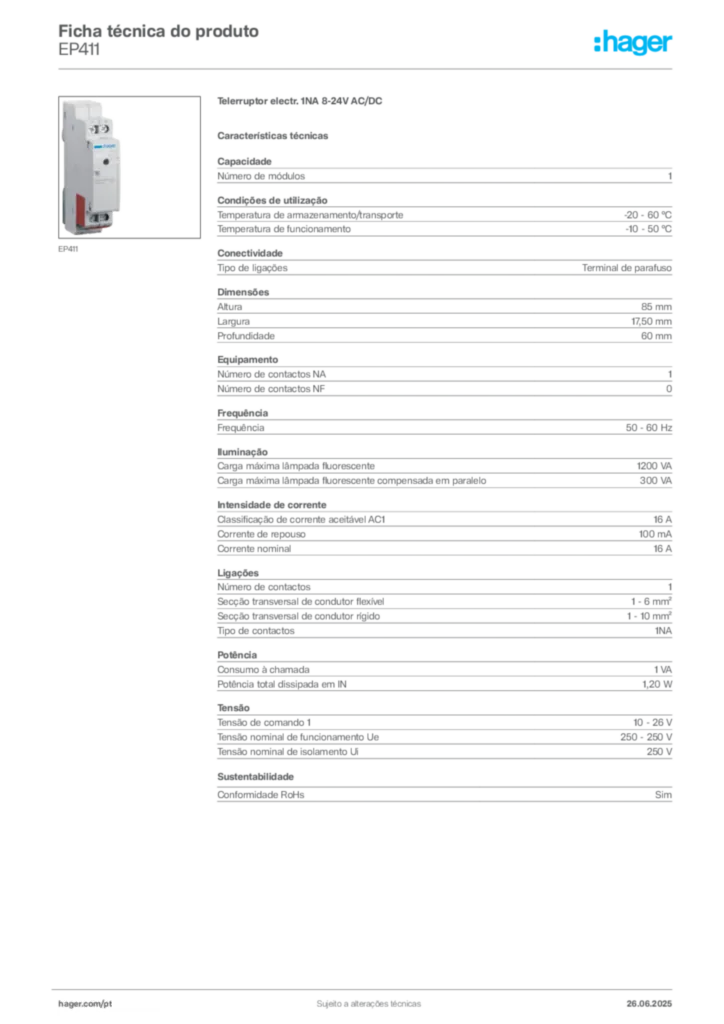 Imagem Hager Ficha técnica do produto EP411 | Hager Portugal