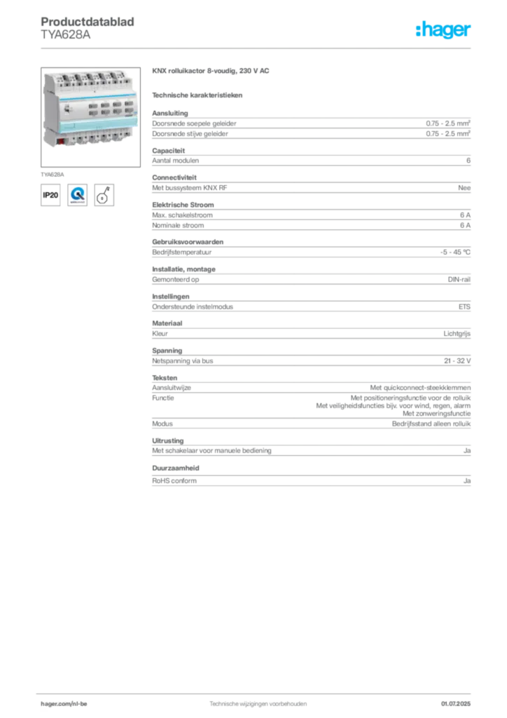 Afbeelding Hager Productdatablad TYA628A | Hager Belgium