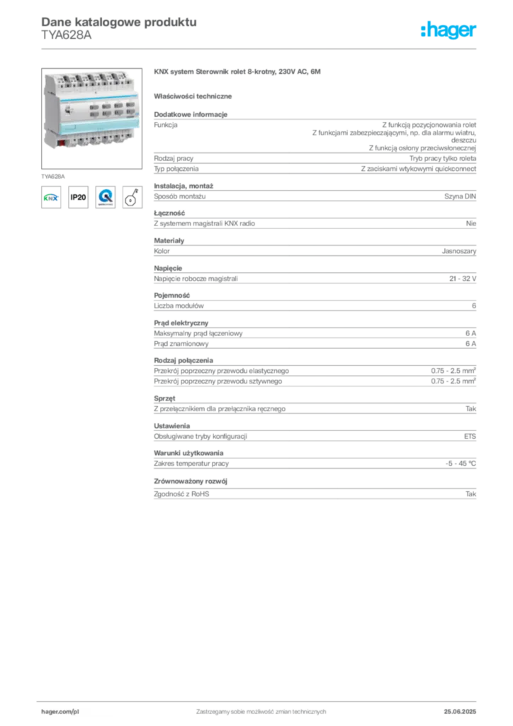 Zdjęcie Hager Dane katalogowe produktu TYA628A | Hager Polska