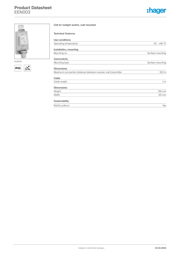 Image Hager Product data sheet EEN003  | Hager Africa
