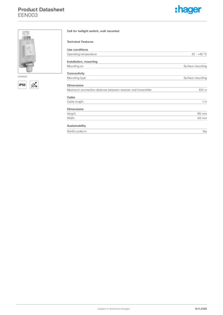 Image Hager Product data sheet EEN003  | Hager Africa