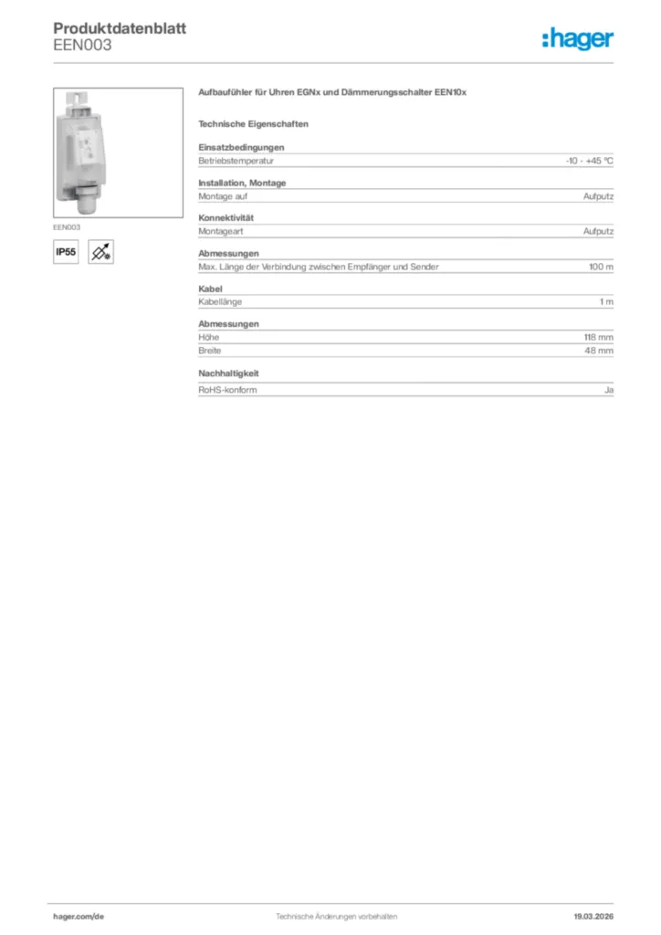 Bild Hager Produktdatenblatt EEN003 | Hager Deutschland
