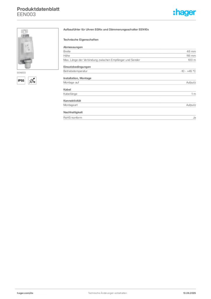 Bild Hager Produktdatenblatt EEN003 | Hager Deutschland