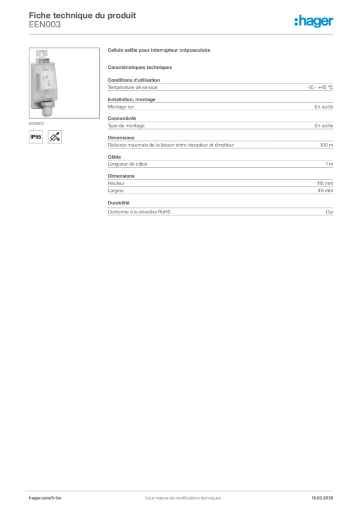 Image Hager Fiche technique du produit EEN003 | Hager Belgique