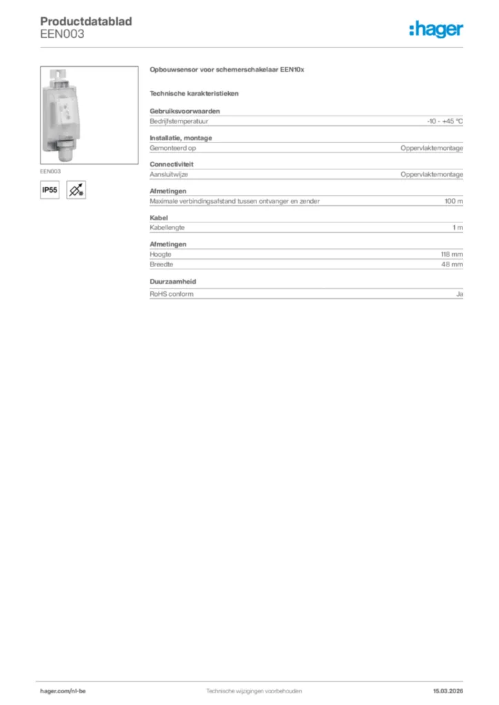 Afbeelding Hager Productdatablad EEN003 | Hager Belgium