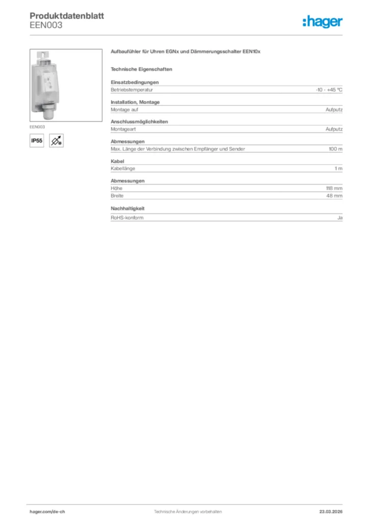 Bild Hager Produktdatenblatt EEN003 | Hager Schweiz