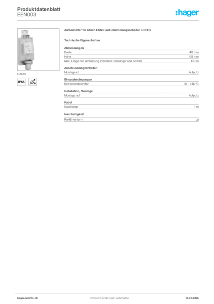 Bild Hager Produktdatenblatt EEN003 | Hager Schweiz