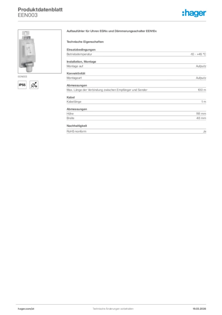 Bild Hager Produktdatenblatt EEN003 | Hager Deutschland