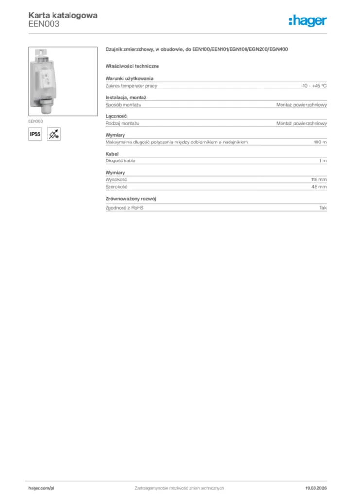 Zdjęcie Hager Karta katalogowa EEN003 | Hager Polska