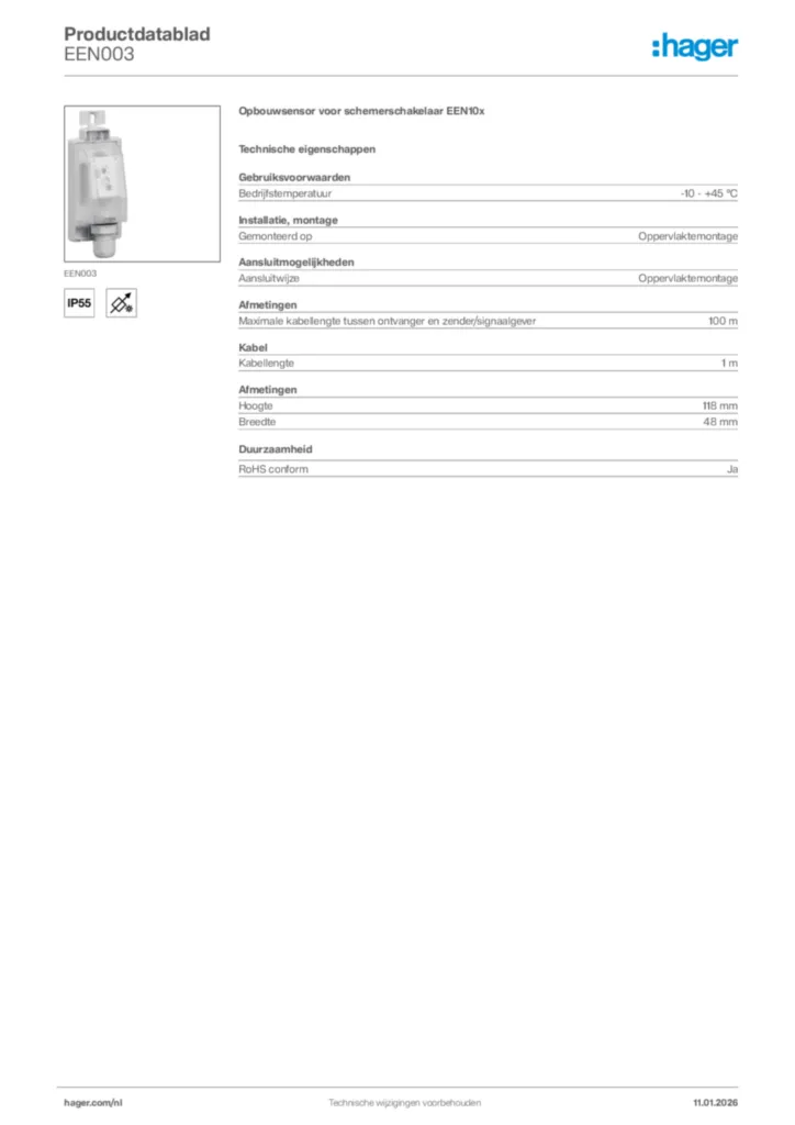 Afbeelding Hager Productdatablad EEN003 | Hager Nederland