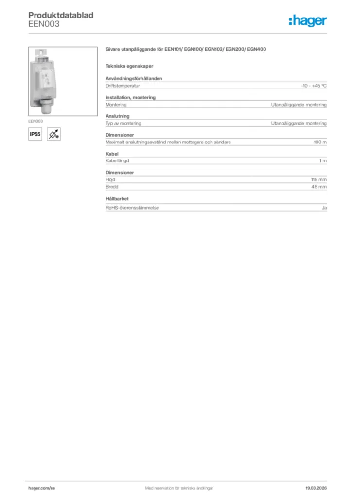 Bild Hager Produktdatablad EEN003 | Hager Sverige