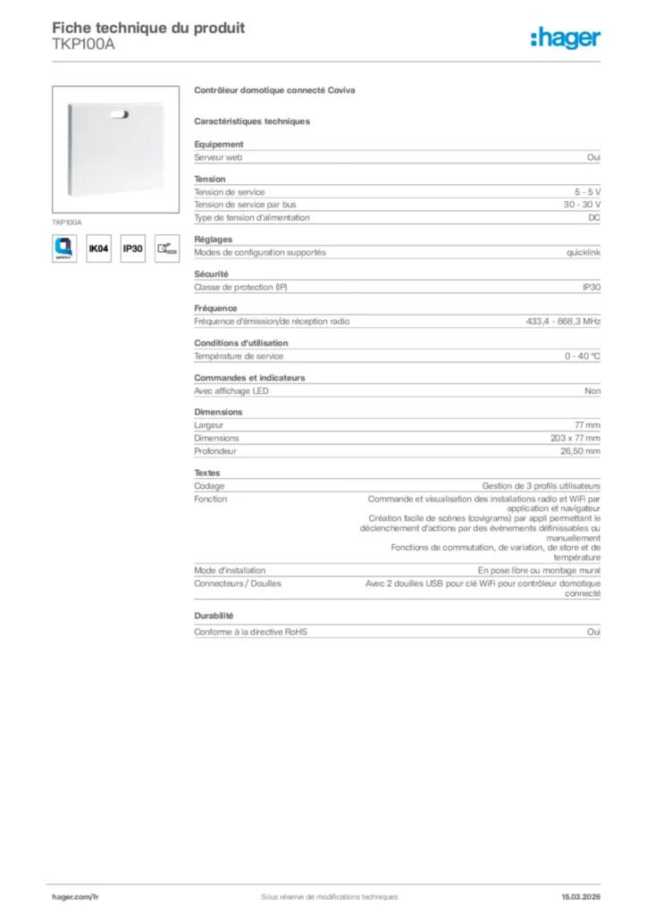 Image Hager Fiche technique du produit TKP100A | Hager France