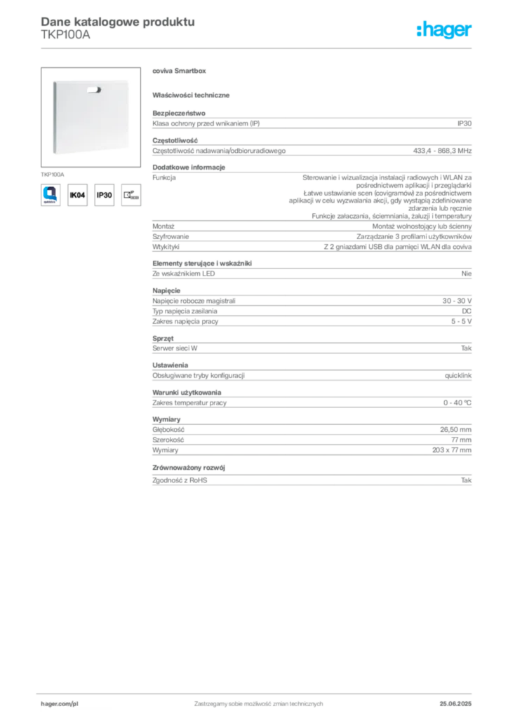 Zdjęcie Hager Dane katalogowe produktu TKP100A | Hager Polska