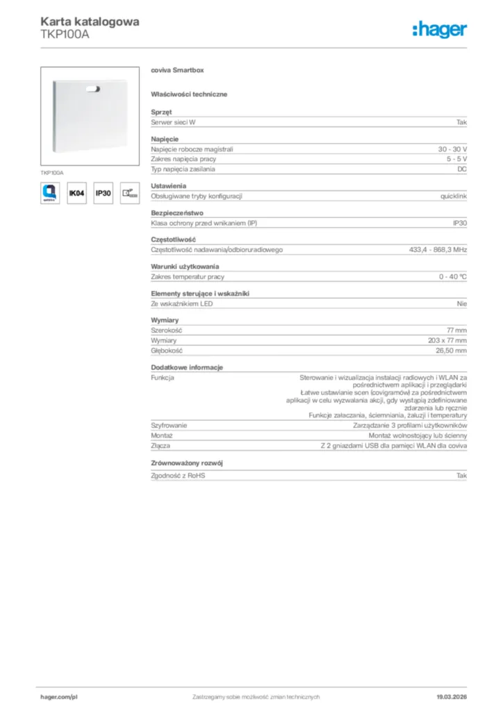 Zdjęcie Hager Karta katalogowa TKP100A | Hager Polska