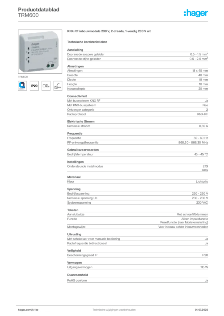 Afbeelding Hager Productdatablad TRM600 | Hager Belgium