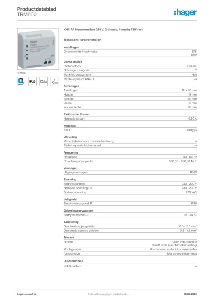 Afbeelding Hager Productdatablad TRM600 | Hager Belgium