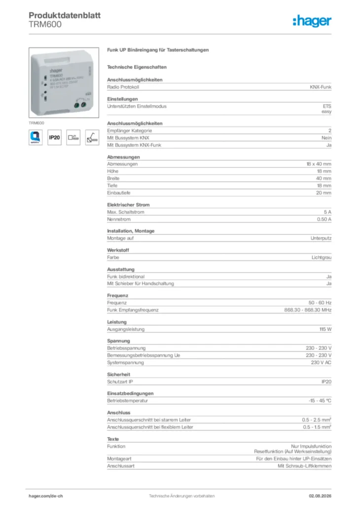 Bild Hager Produktdatenblatt TRM600 | Hager Schweiz