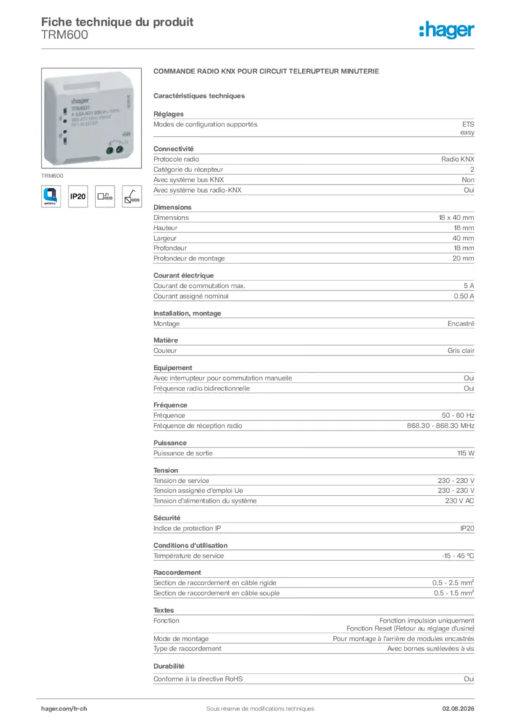 Image Hager Fiche technique du produit TRM600 | Hager Suisse