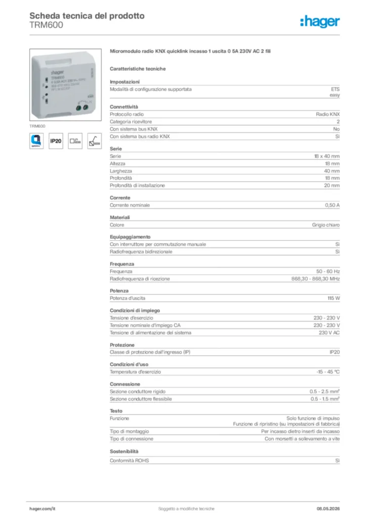 Immagine Hager Scheda tecnica del prodotto TRM600 | Hager Italia