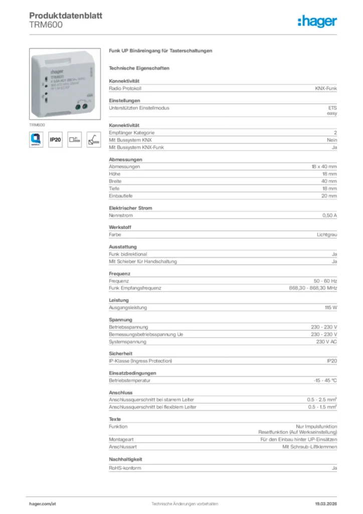 Bild Hager Produktdatenblatt TRM600 | Hager Deutschland