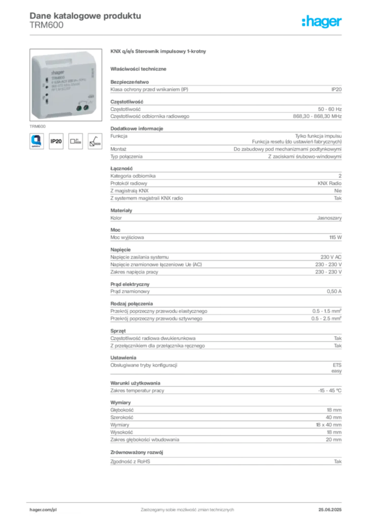 Zdjęcie Hager Dane katalogowe produktu TRM600 | Hager Polska