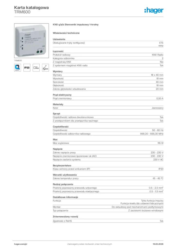 Zdjęcie Hager Karta katalogowa TRM600 | Hager Polska