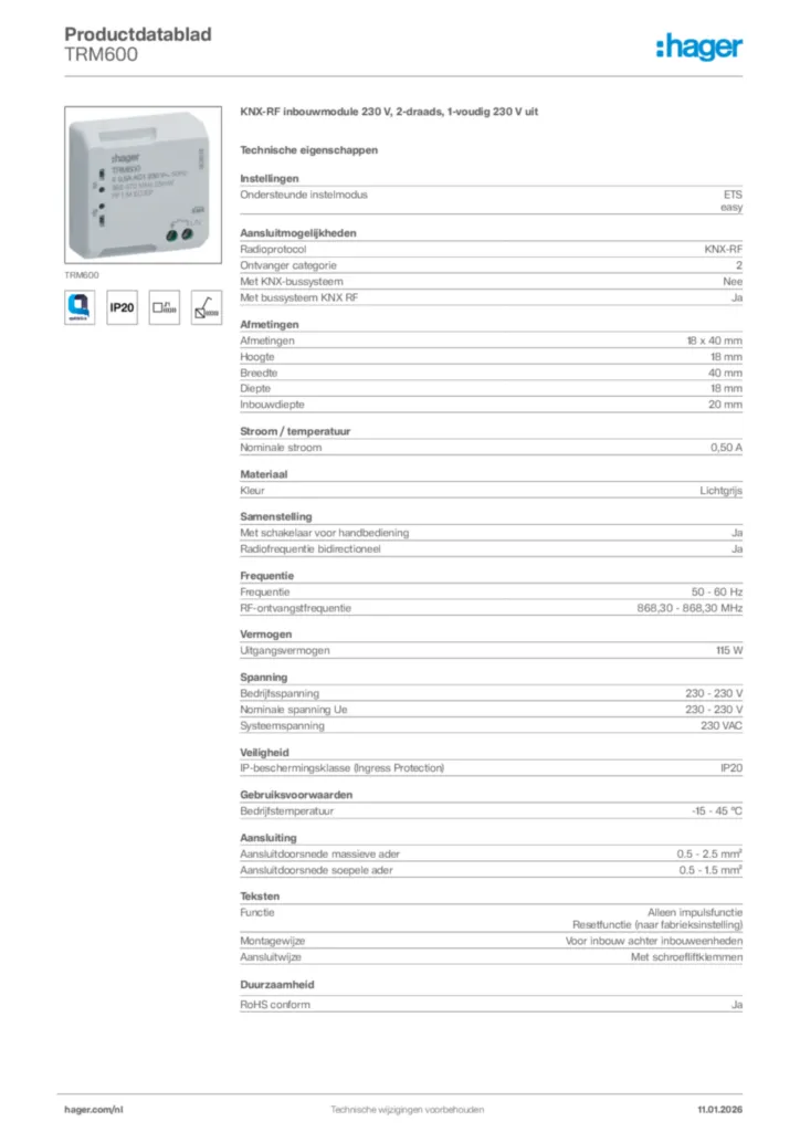 Afbeelding Hager Productdatablad TRM600 | Hager Nederland