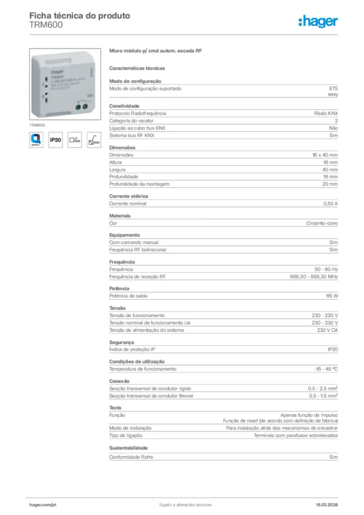 Imagem Hager Ficha técnica do produto TRM600 | Hager Portugal