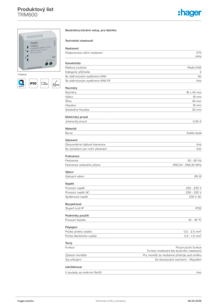 Obrázek Hager Product data sheet TRM600 | Hager