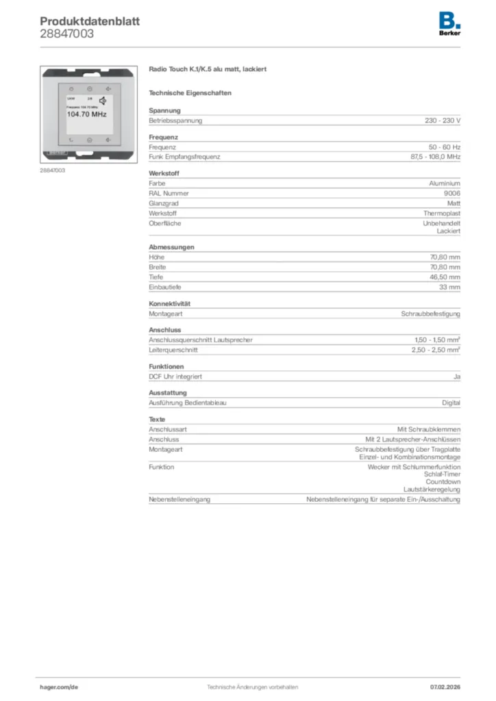 Bild Berker Produktdatenblatt 28847003 | Hager Deutschland