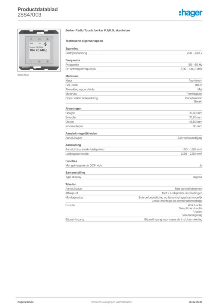 Afbeelding Hager Productdatablad 28847003 | Hager Nederland